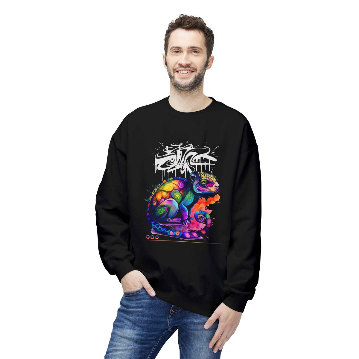 Colorful Chameleon Crewneck Sweatshirt — Vibrant Graffiti Lizard Graphic