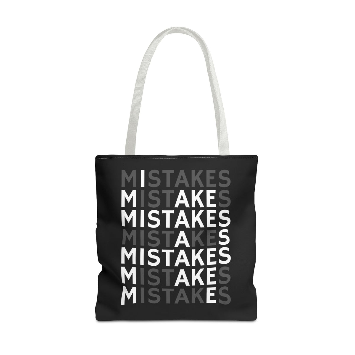 Mistakes Repeat Pattern Tote Bag — Black Typography Shopper