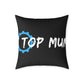Top Mum Decorative Pillow – Black Square Accent Pillow with Blue Gear Logo