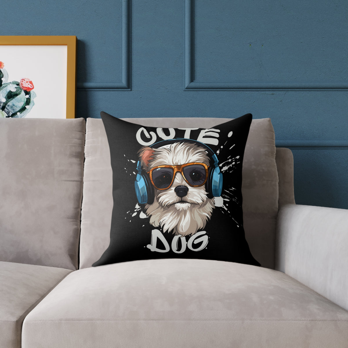 Cute Dog Headphones Square Pillow — Cool Sunglasses Pet Decor