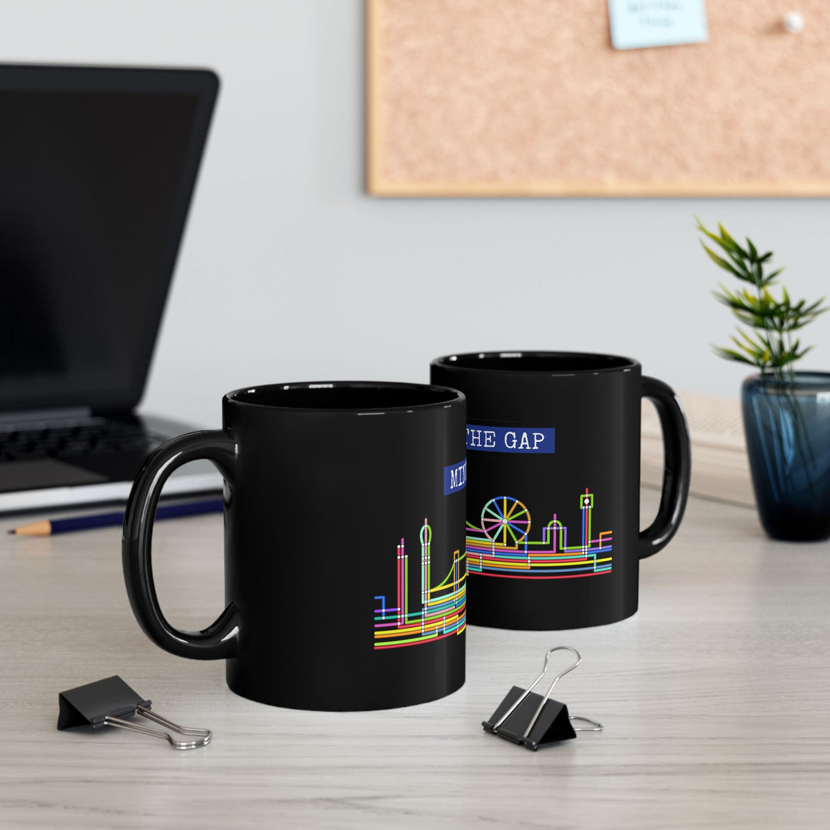 Mind The Gap Black Mug Neon City Skyline Coffee Cup (11oz & 15oz)
