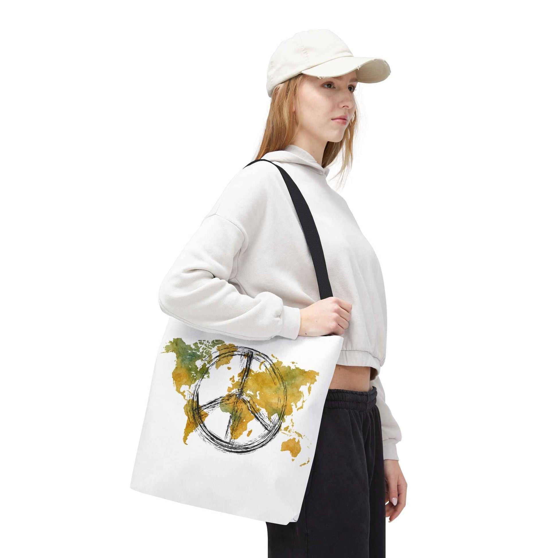 World Peace Map Tote Bag — Peace Symbol Watercolor Map Eco Shopper