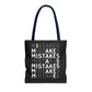 Mistakes Repeat Pattern Tote Bag — Black Typography Shopper