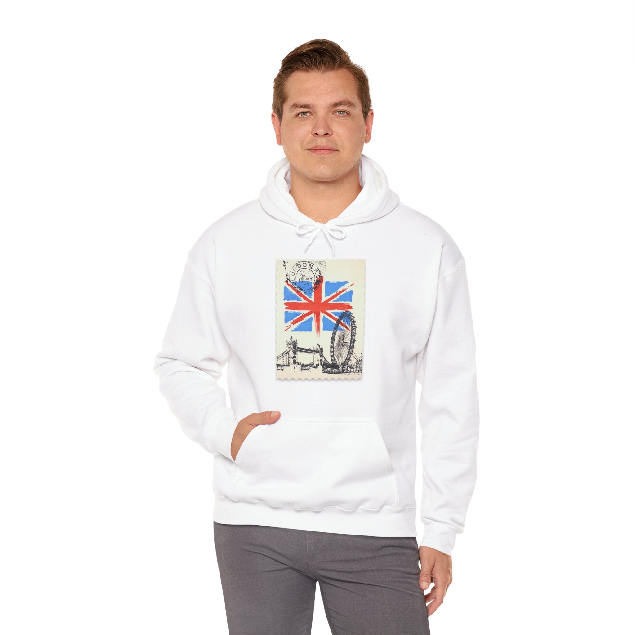 England Hoodie, Unisex,  White, UK, Stamp, British, Gift, Conscience Garment, London, Mindfulness, Inspiration, Black, White