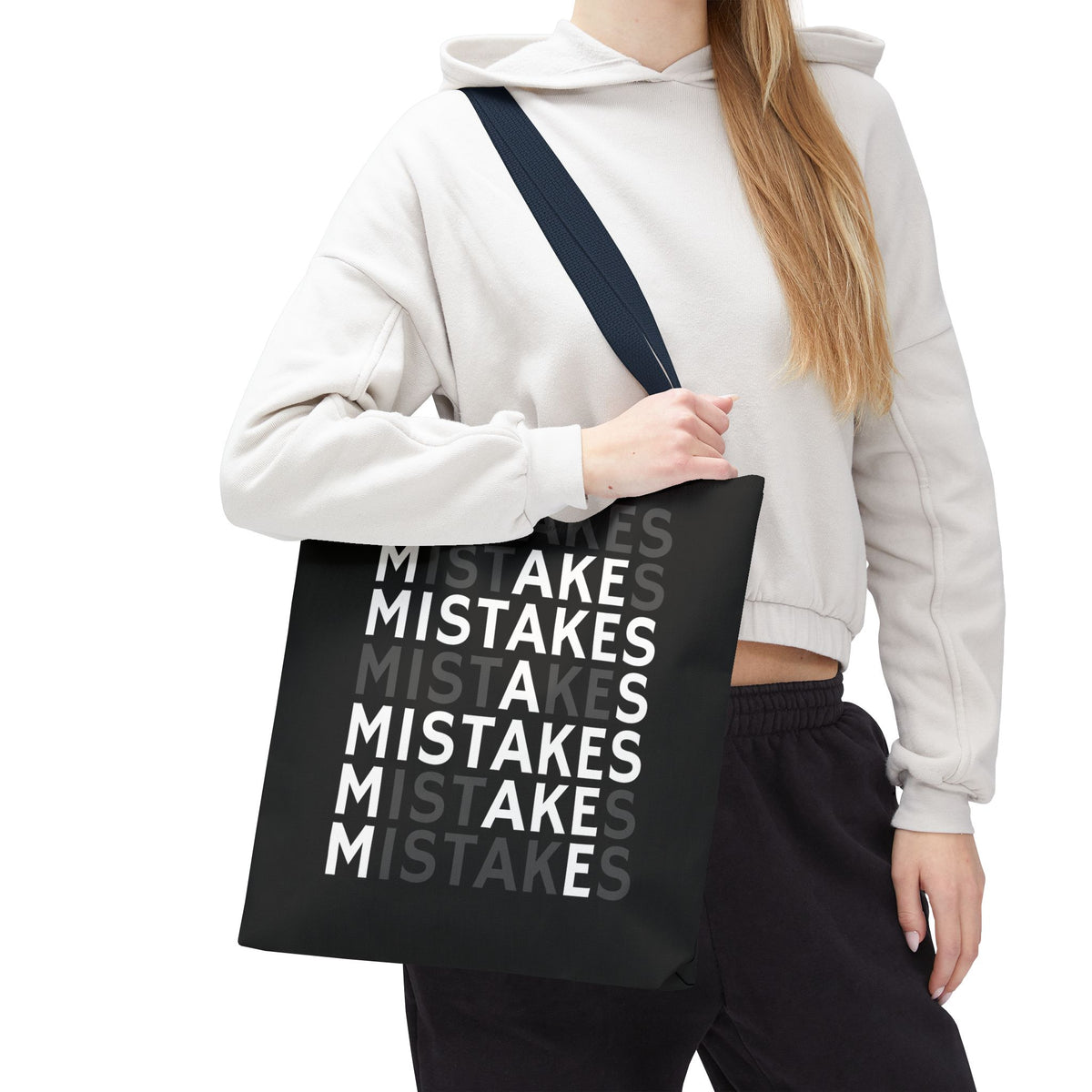 Mistakes Repeat Pattern Tote Bag — Black Typography Shopper
