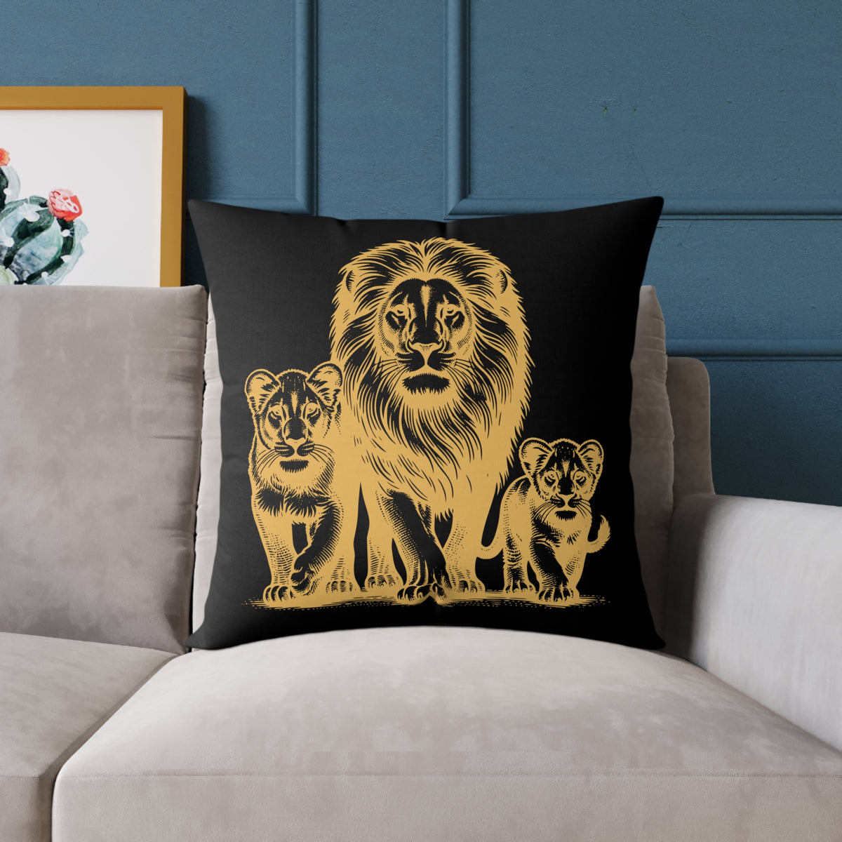 Lion Family Throw Pillow — Gold Safari Lion Cub Decorative Cushion