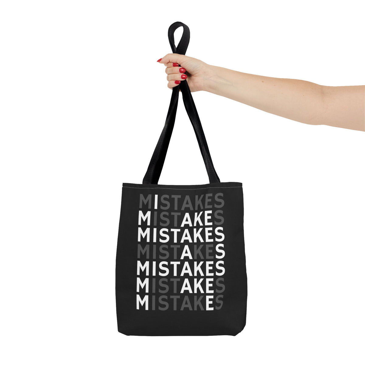 Mistakes Repeat Pattern Tote Bag — Black Typography Shopper