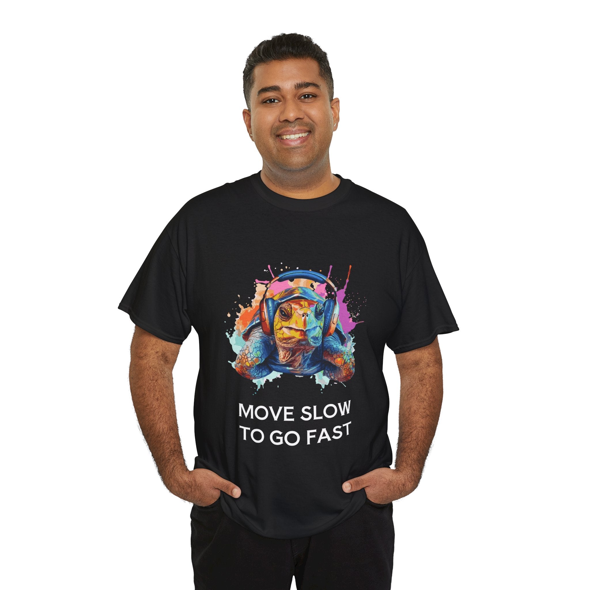 T-Shirt Colorful Turtle with Headphones | 'Sometimes it's best to go Slow to go Fast'