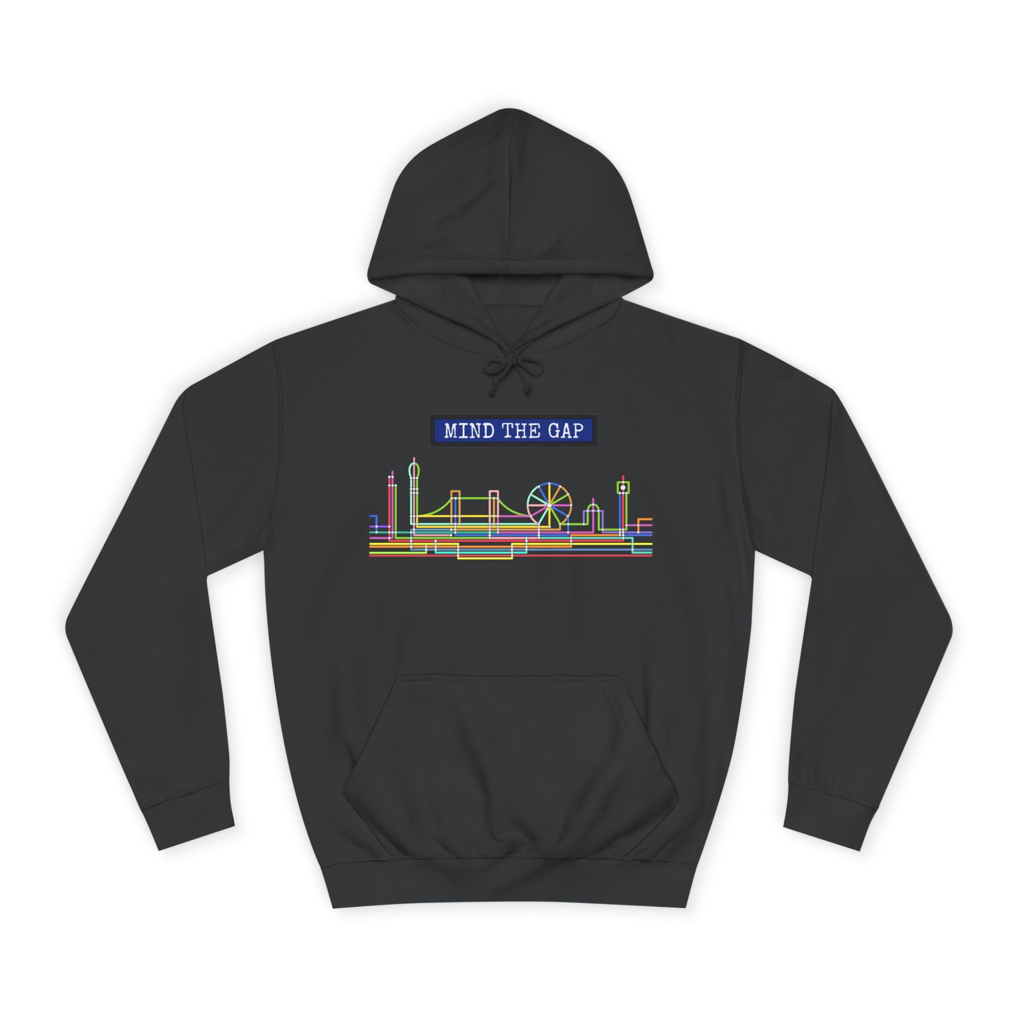 Black hoodie with colorful London skyline design and 'Mind the Gap' text on a white background