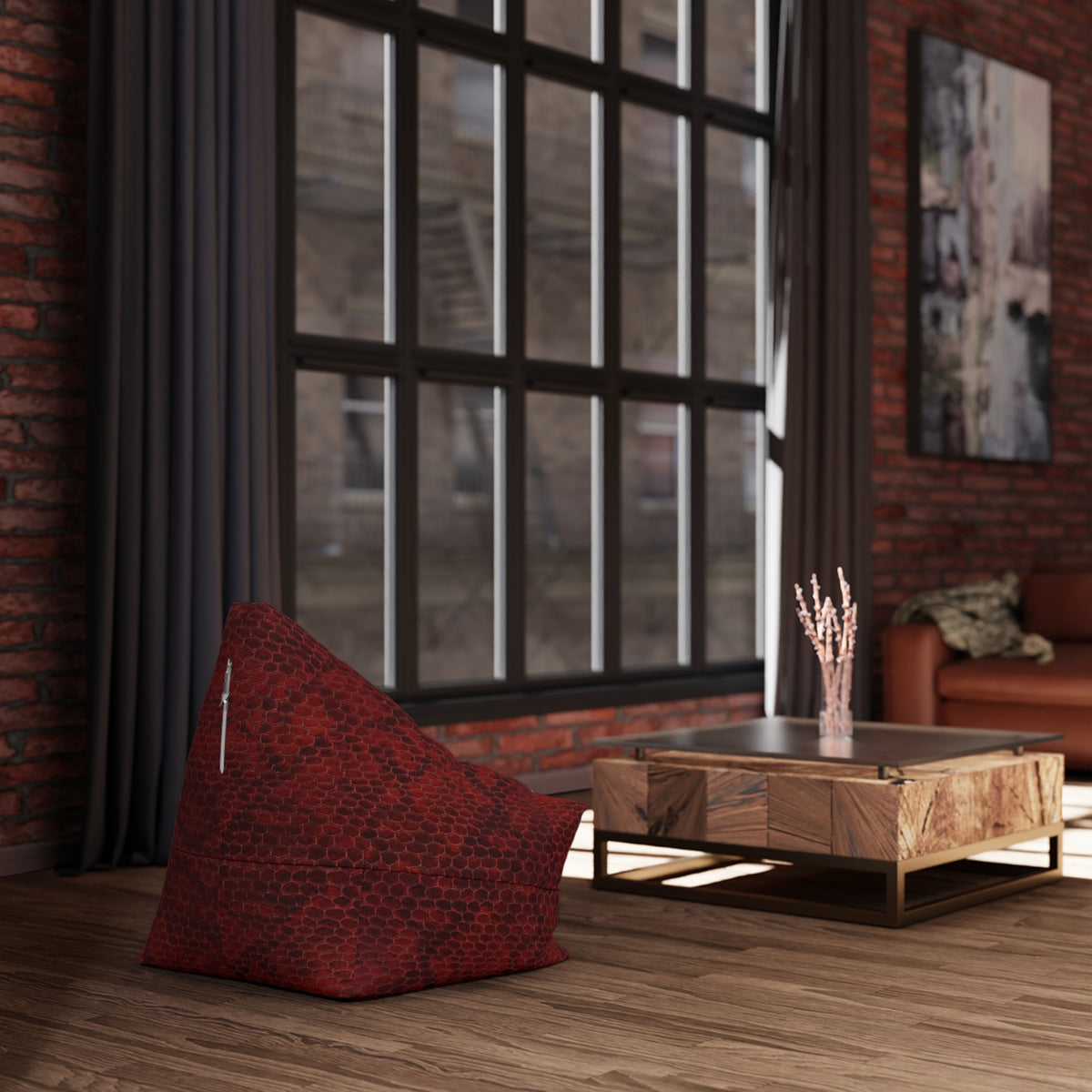 Modern interior with a red bean bag chair, wooden coffee table, and brick wall.
