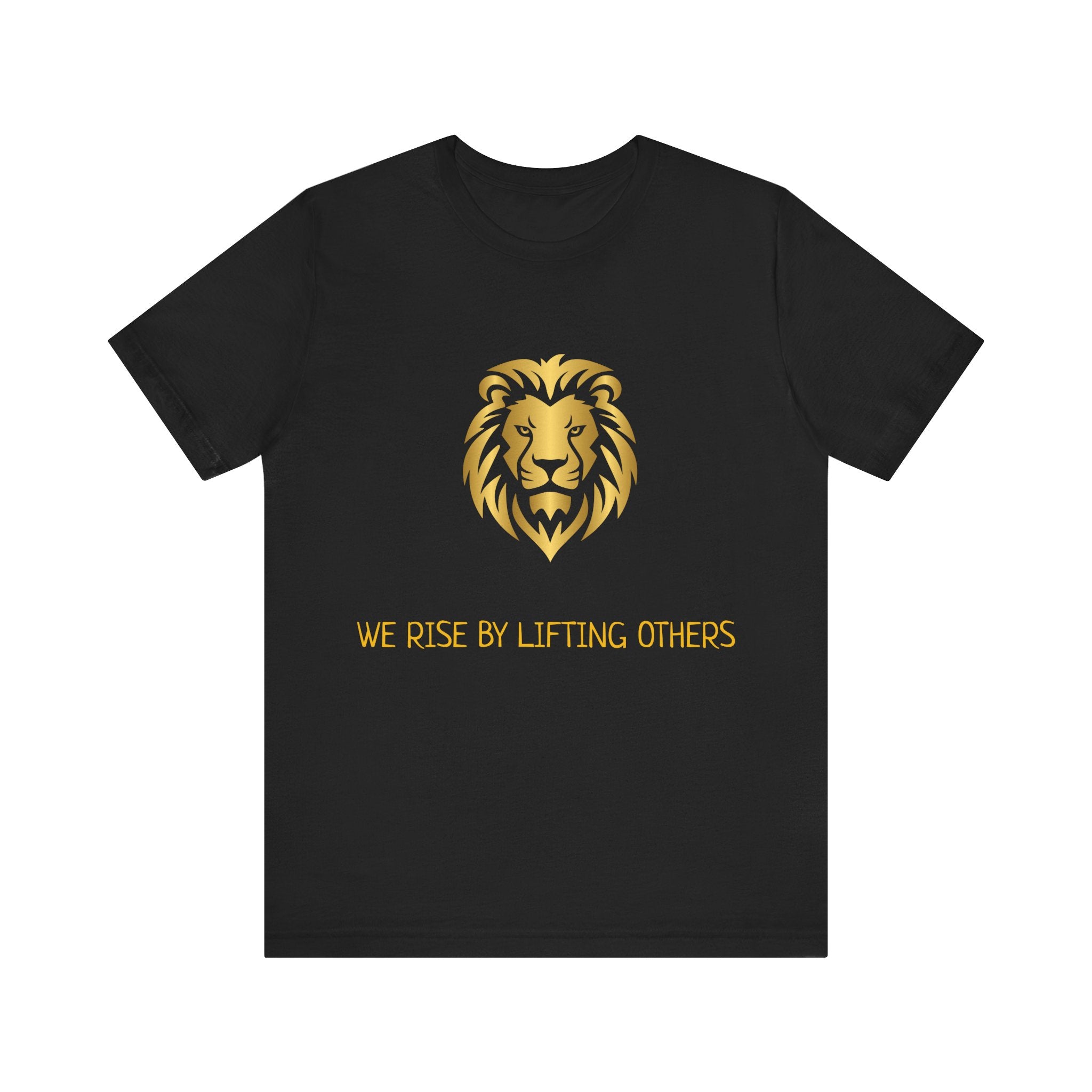 Black t-shirt with a gold lion graphic and text on a white background