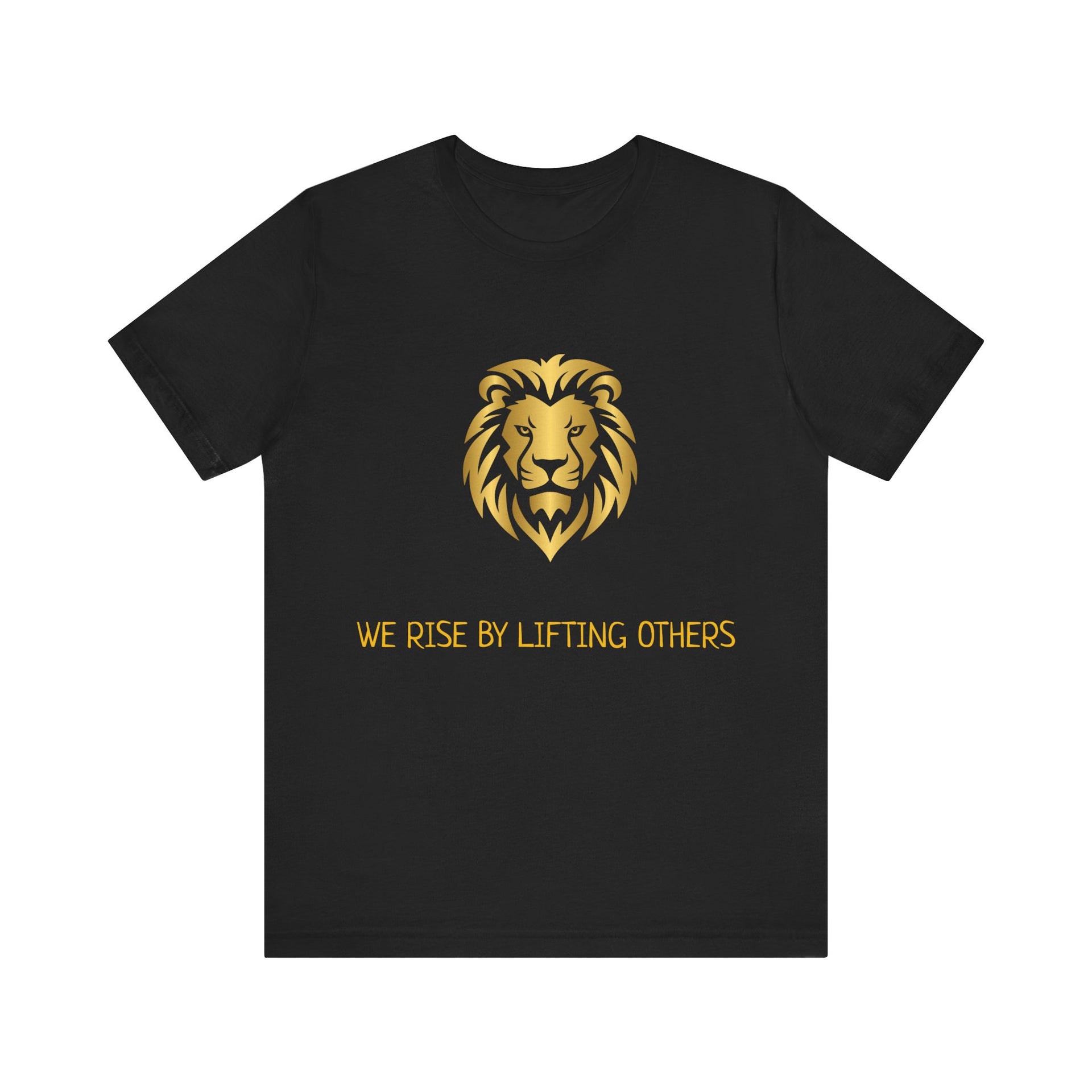 Black t-shirt with a gold lion graphic and text on a white background