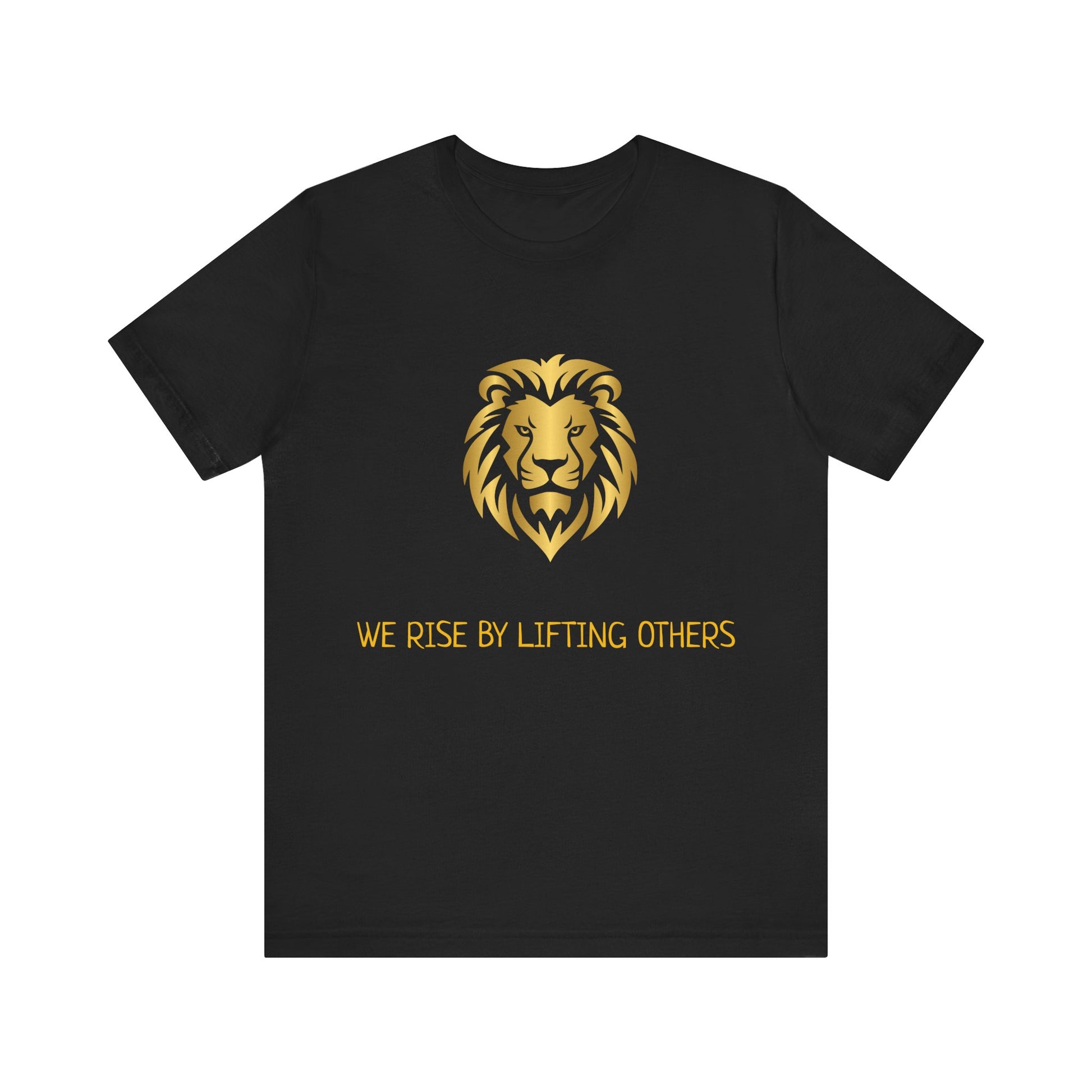 Black t-shirt with a gold lion graphic and text on a white background