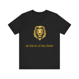 Black t-shirt with a gold lion graphic and text on a white background